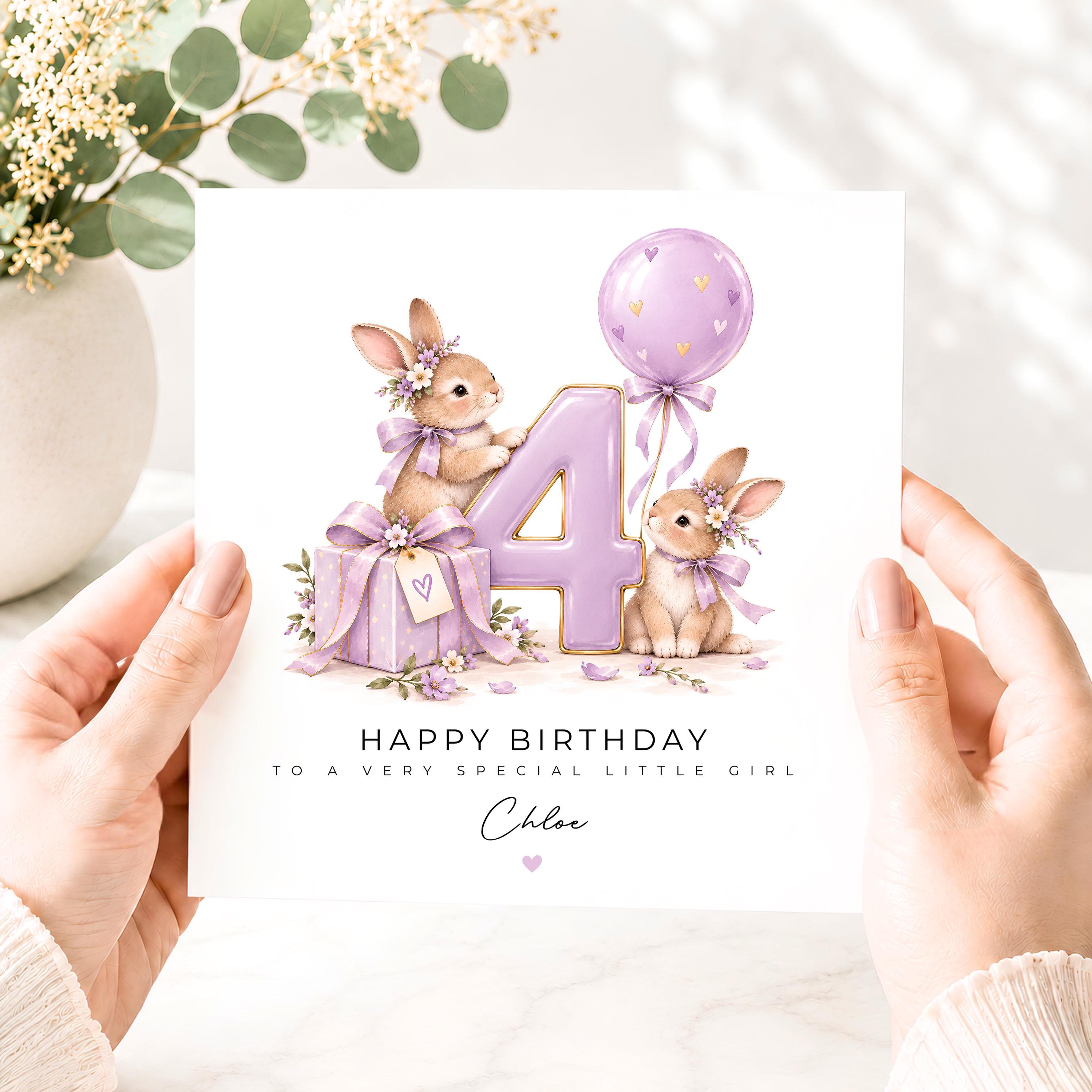 Personalised 4th Birthday Card for Girl, Cute Bunny Rabbit Birthday Card, Age 4 Purple Birthday Card for Niece Daughter Granddaughter - image 3