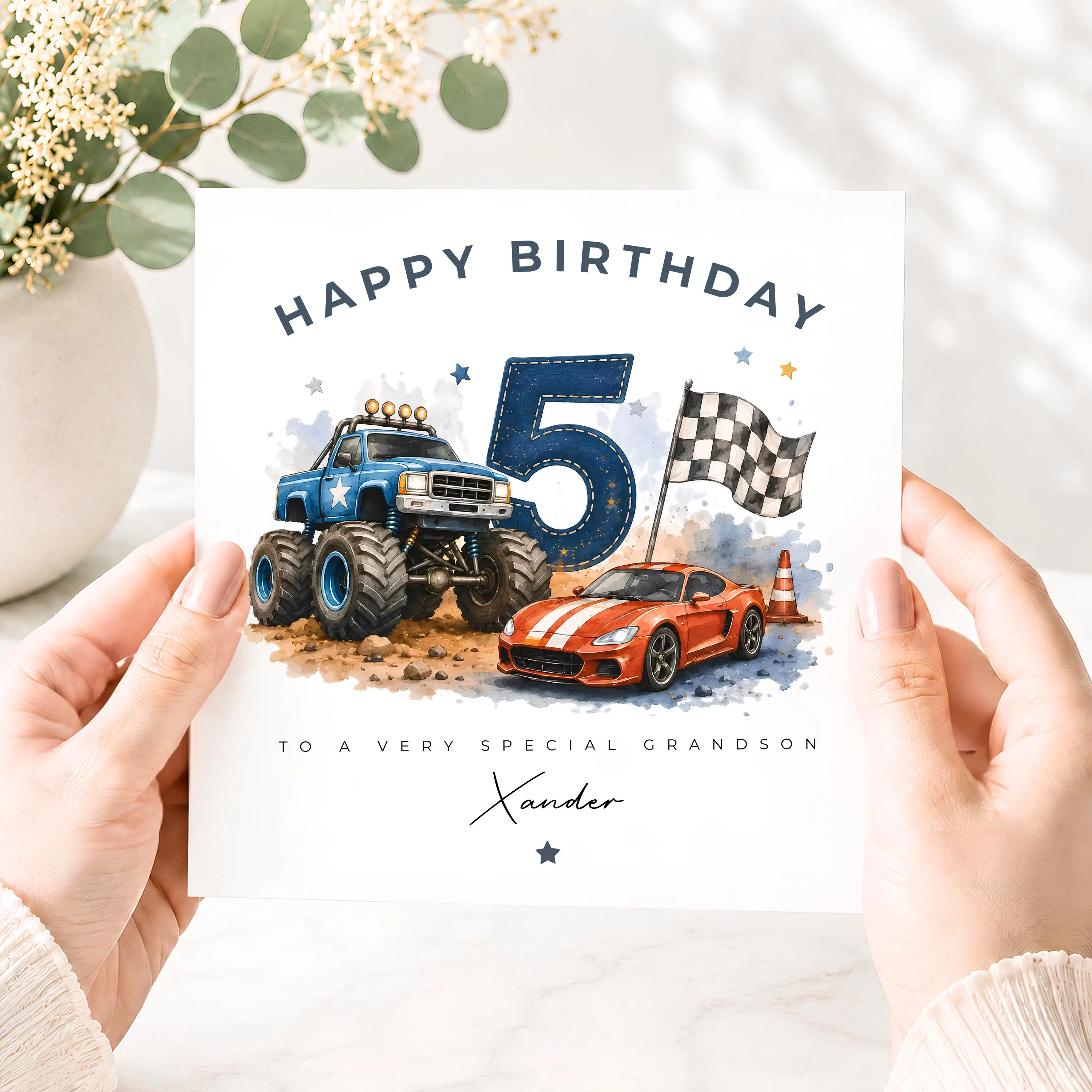 Personalised 5th Birthday Card for Boys, Monster Truck & Racing Car Age 5 Card for Son, Custom Name 5th Birthday Card for Grandson Nephew - image 4