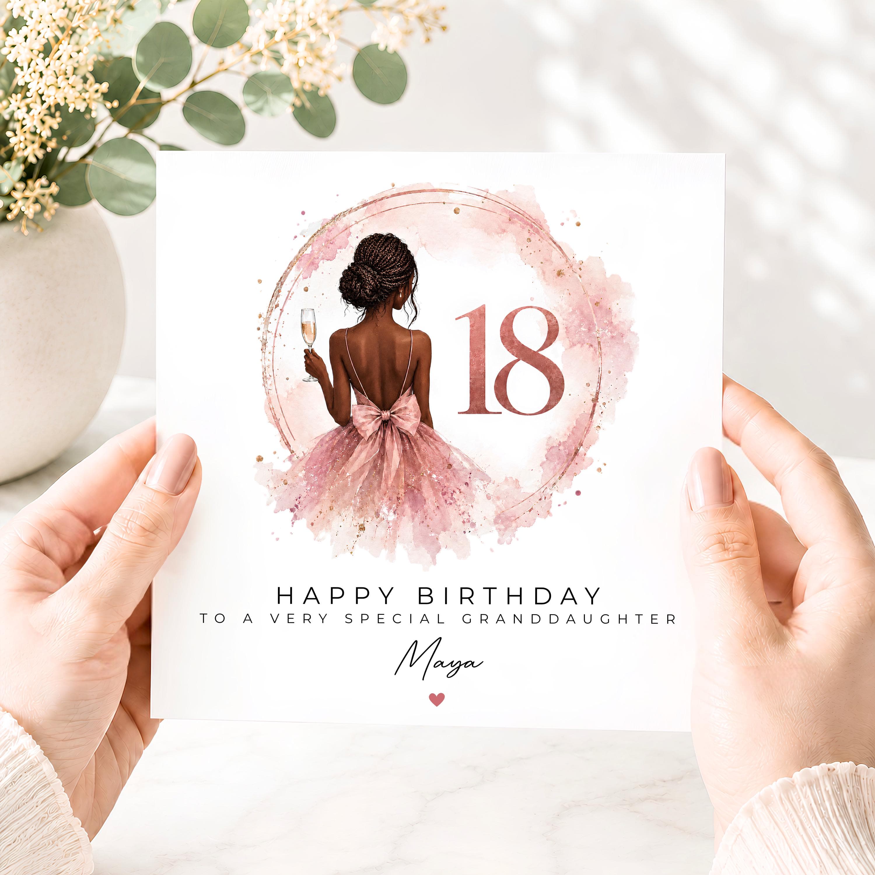 Personalised Black Girl 18th Birthday Card, Elegant Pink Dress 18th Birthday Card, Custom Name 18th Birthday Card for Her - image 4