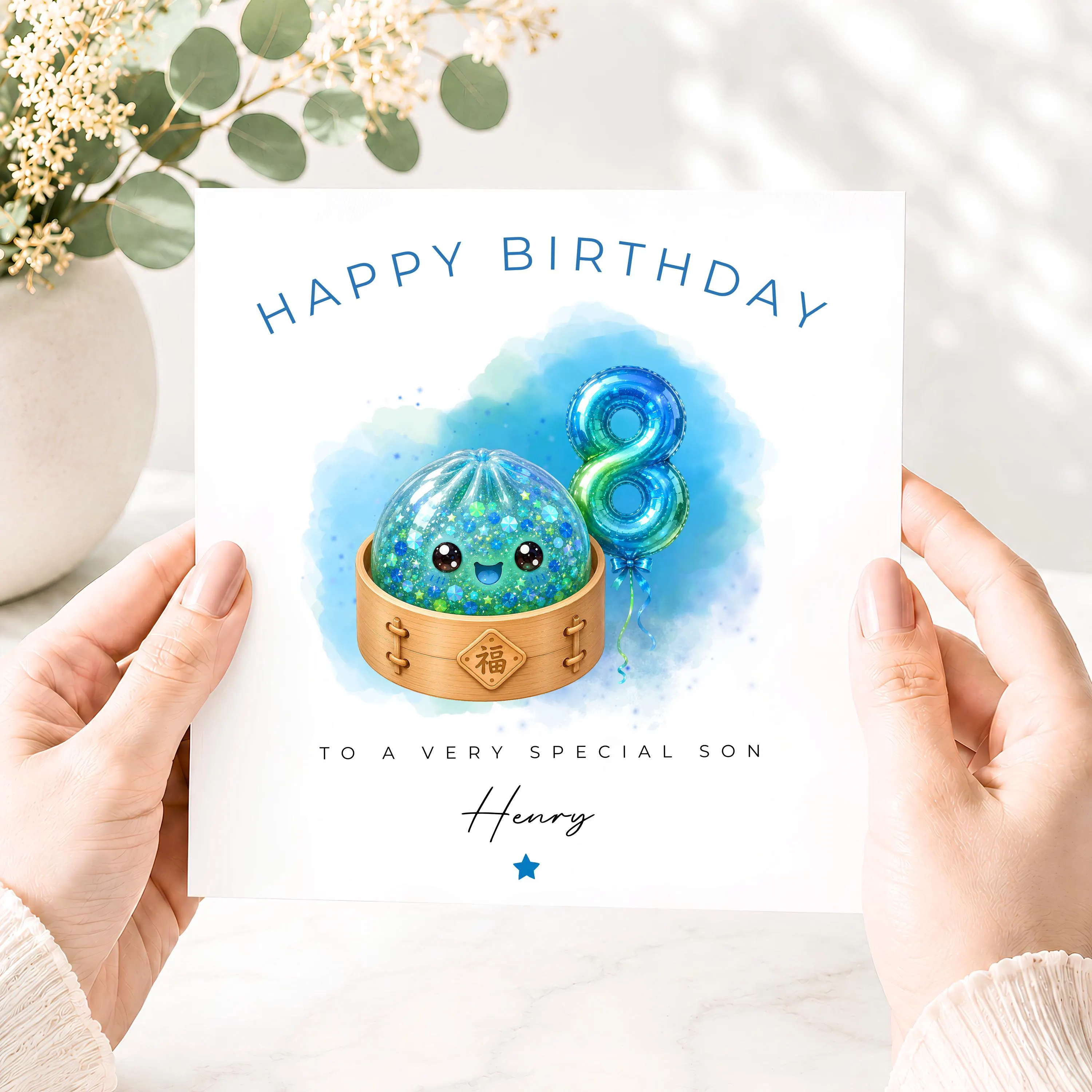 Personalised 8th Birthday Squishy Card for Son Grandson Brother Nephew, Blue Dumpling Squishy Birthday Card, Squishy Birthday Card - image 4