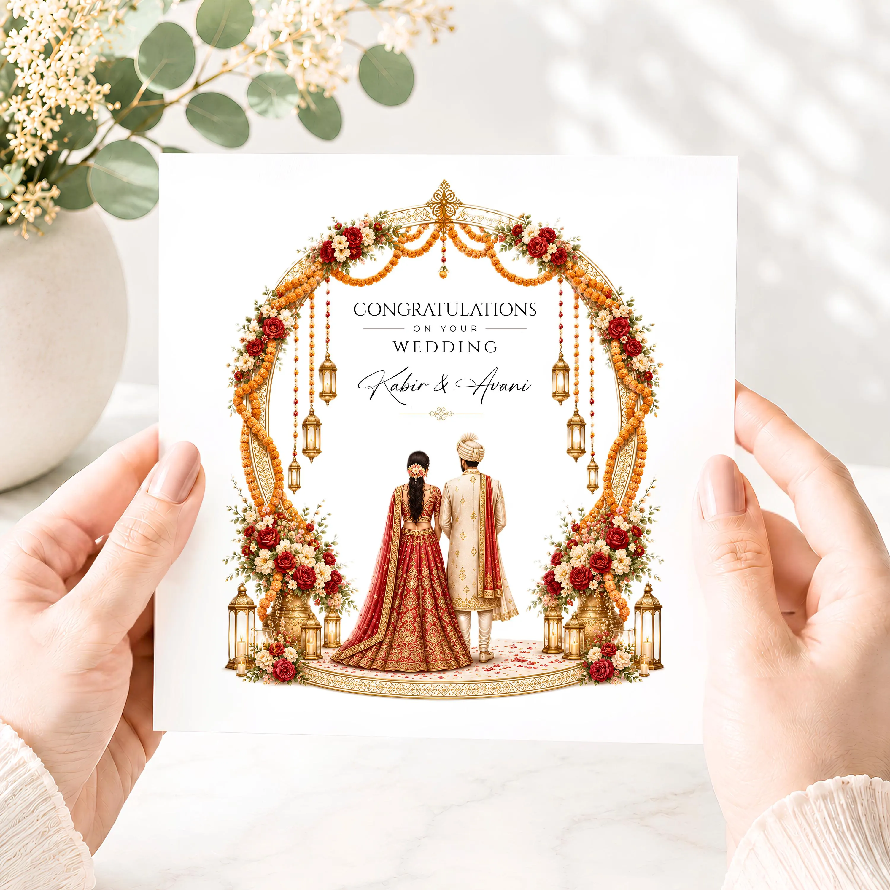 Personalised Indian Wedding Card, Red Bride and Groom Card, Custom Couple Names, Marigold Asian Wedding Congratulations Card - image 4