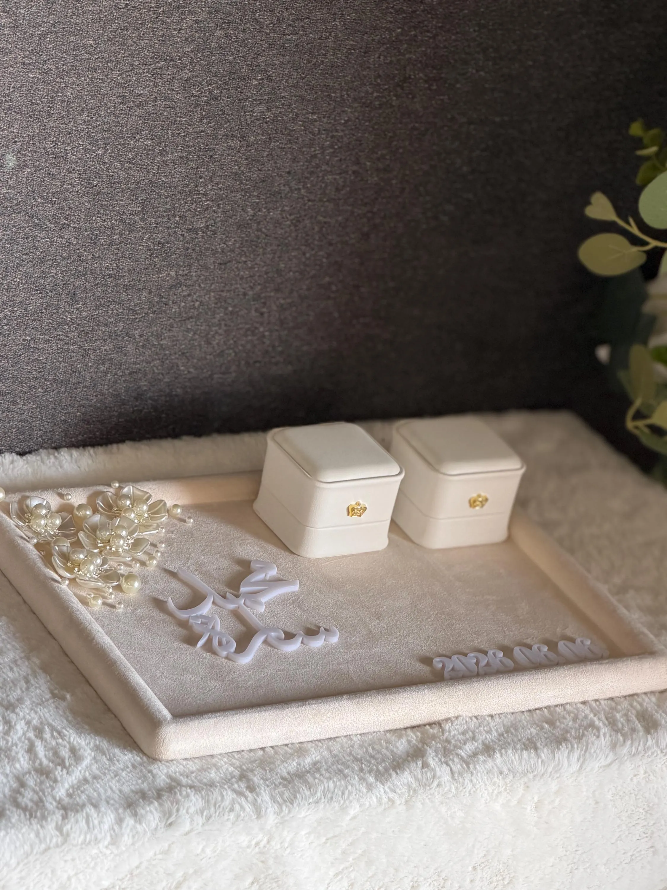 Personalized luxury modern engagement Velvet Ring Tray stand, Custom Wedding Keepsake .