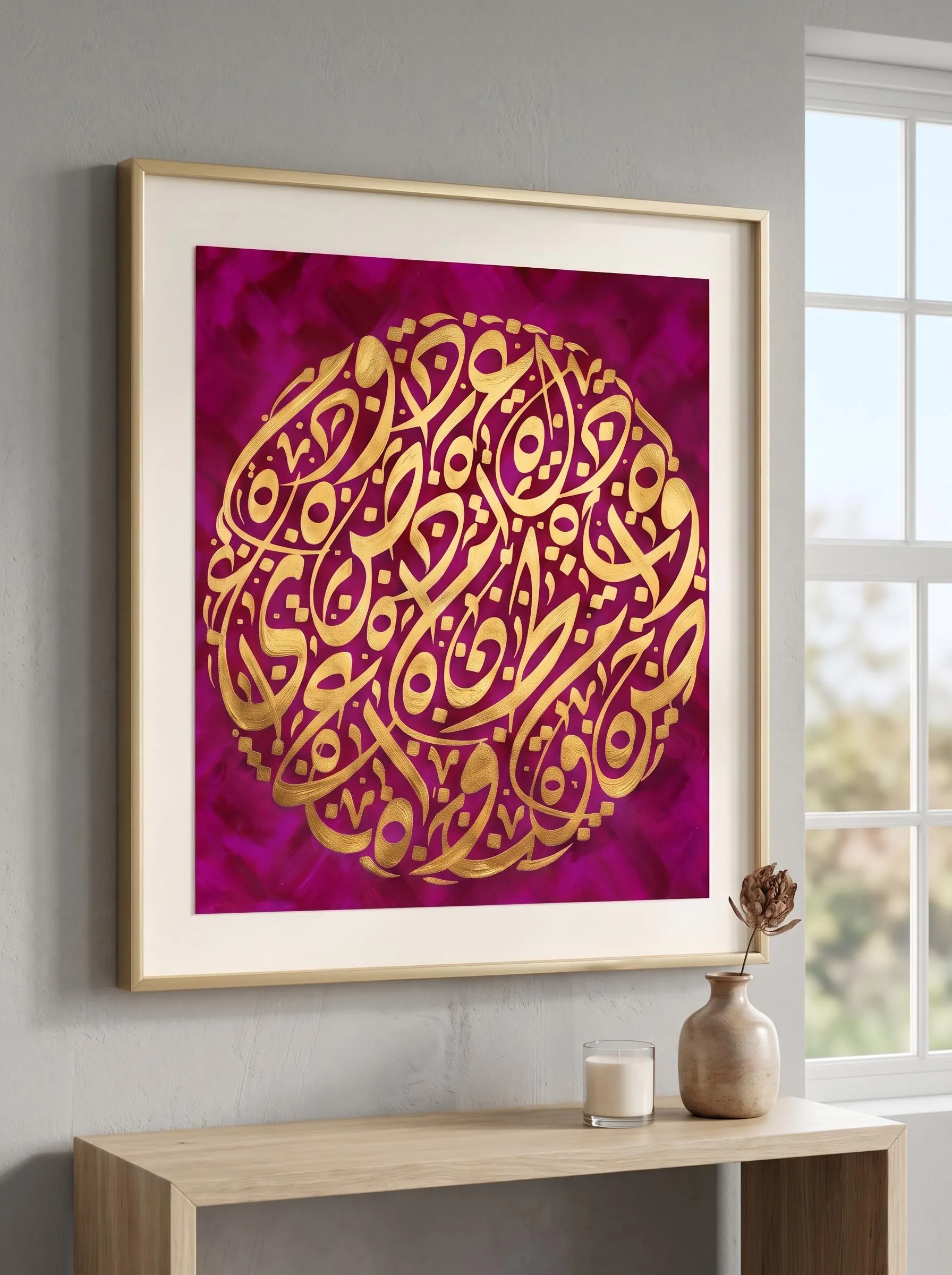 Modern Arabic Calligraphy Wall Art, Gold & Magenta Abstract Art, Luxury Islamic Decor, Printable Digital Download, Islamic Art, Home decor