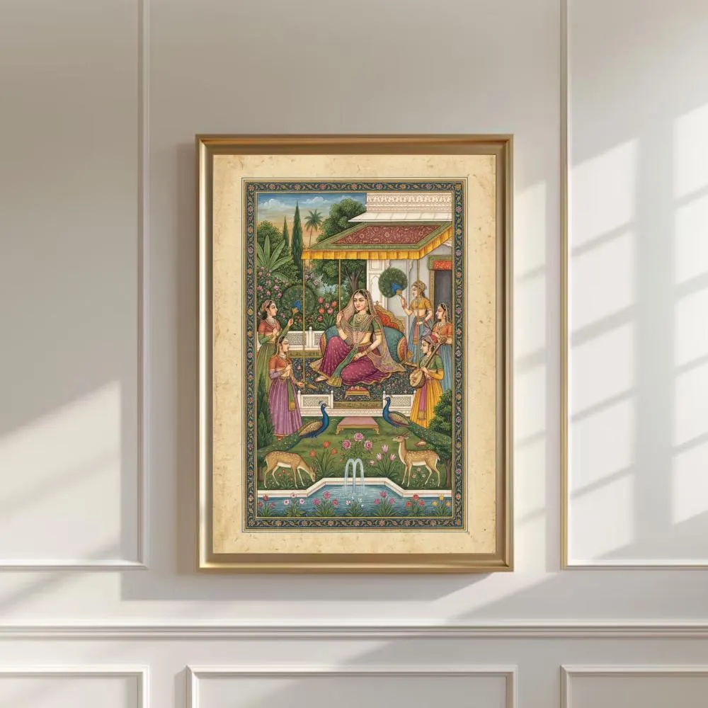 Mughal Queen Wall Art | Indian Court Painting | South Asian Decor | Royal Garden Print | Peacock & Deer Art | Vintage Digital Download - image 3