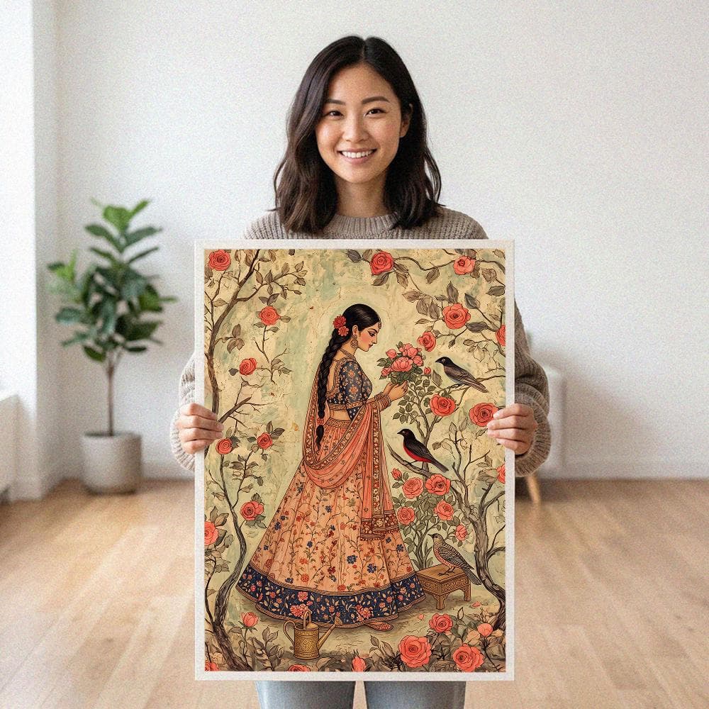 Vintage Indian Woman Floral Miniature Painting Mughal Style Garden Art Print Printable Wall Decor Digital Download - image 3