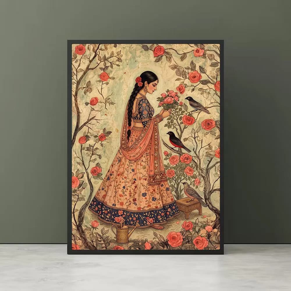 Vintage Indian Woman Floral Miniature Painting Mughal Style Garden Art Print Printable Wall Decor Digital Download - image 5