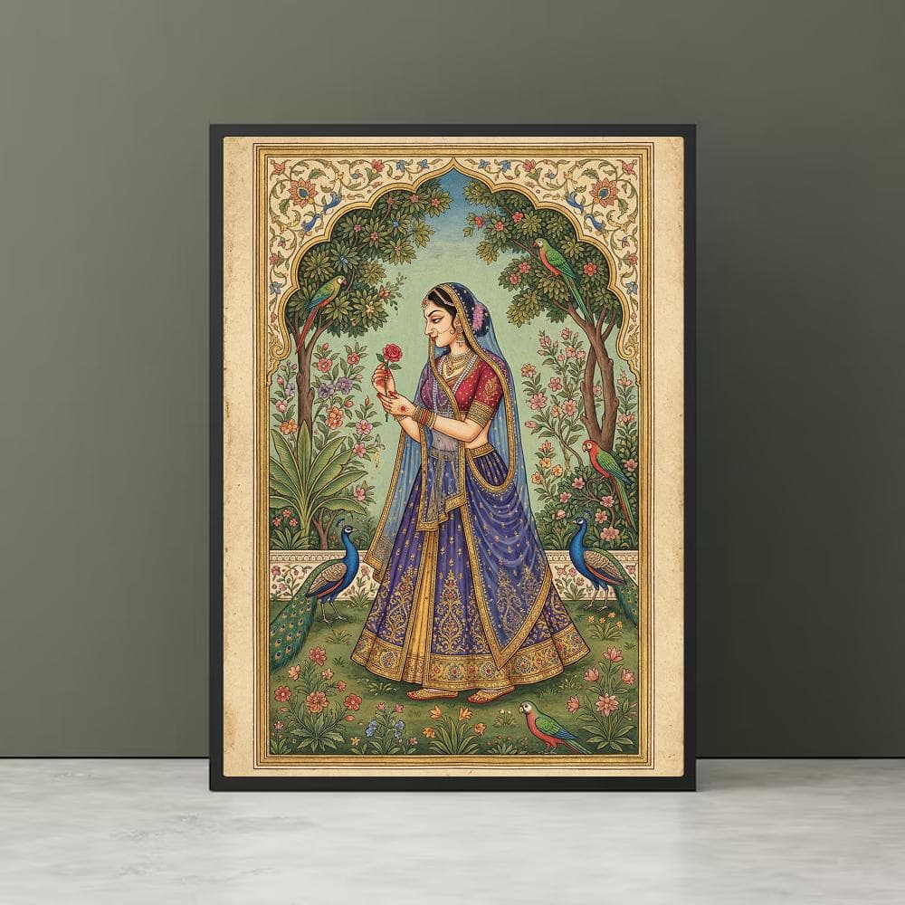 Mughal Princess Wall Art, Indian Queen Portrait, South Asian Heritage Decor, Peacock Garden Art, Vintage Miniature Print, Digital Download - image 4
