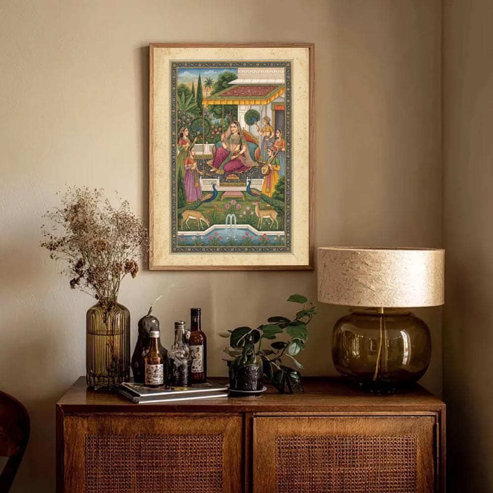 Mughal Queen Wall Art | Indian Court Painting | South Asian Decor | Royal Garden Print | Peacock & Deer Art | Vintage Digital Download - image 5