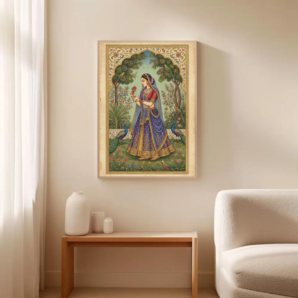 Mughal Princess Wall Art, Indian Queen Portrait, South Asian Heritage Decor, Peacock Garden Art, Vintage Miniature Print, Digital Download - image 2