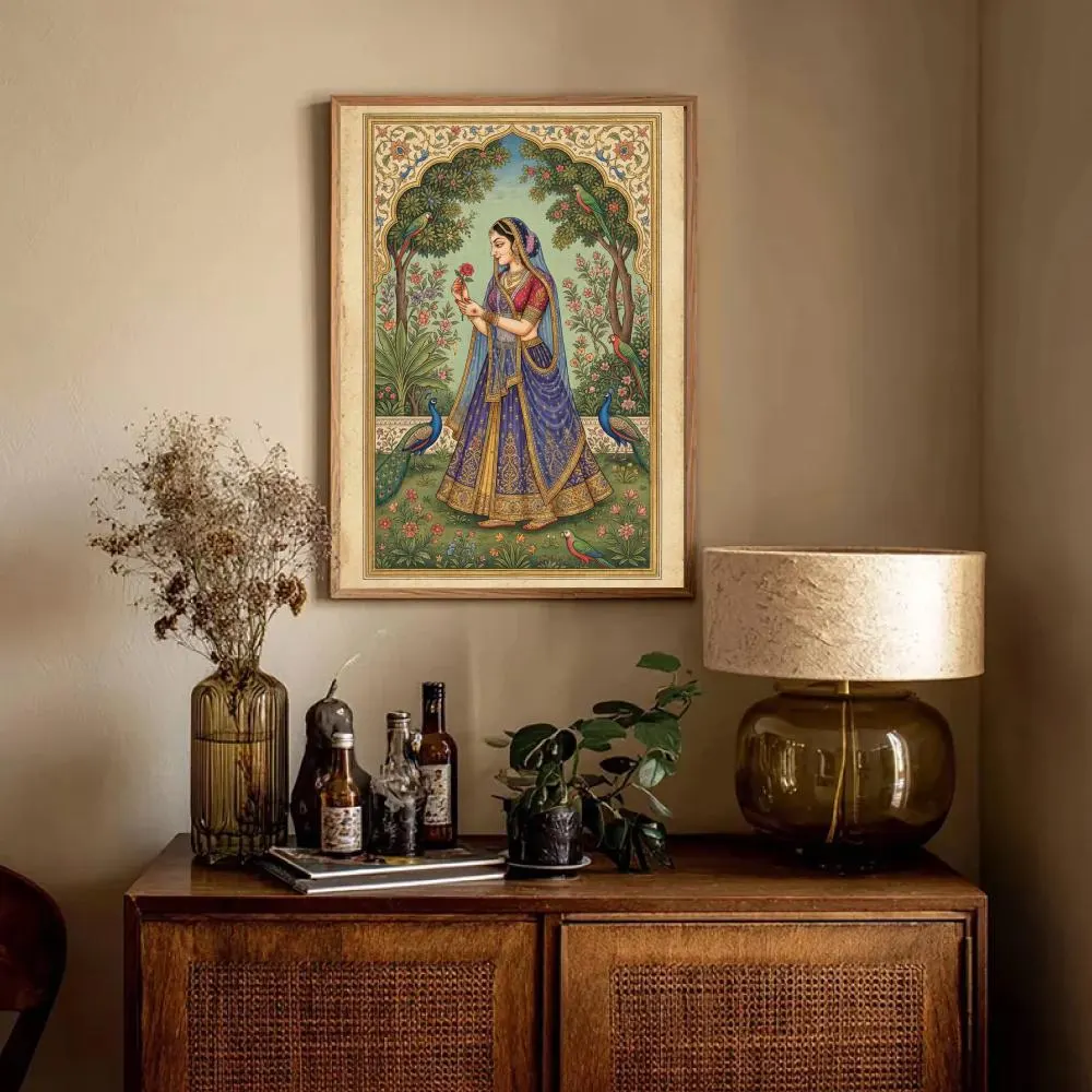 Mughal Princess Wall Art, Indian Queen Portrait, South Asian Heritage Decor, Peacock Garden Art, Vintage Miniature Print, Digital Download - image 5