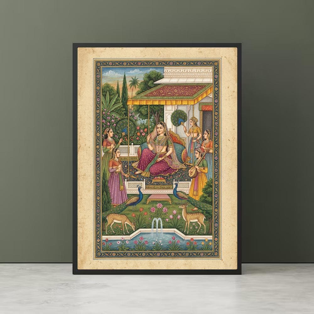 Mughal Queen Wall Art | Indian Court Painting | South Asian Decor | Royal Garden Print | Peacock & Deer Art | Vintage Digital Download - image 4