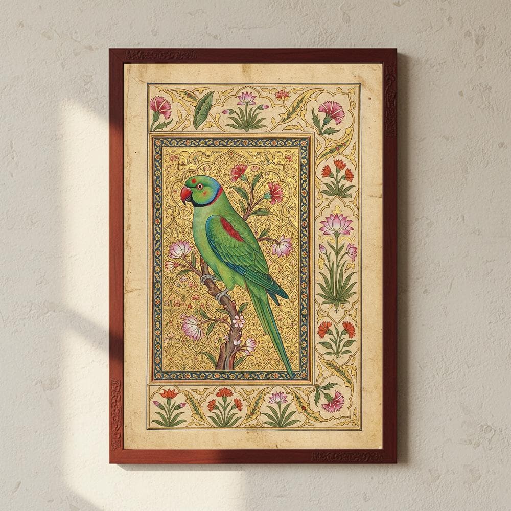 Mughal Style Parrot Wall Art | Indian Bird & Floral Print | Vintage South Asian Decor | Macaw Miniature Painting | Gold Digital Download - image 5