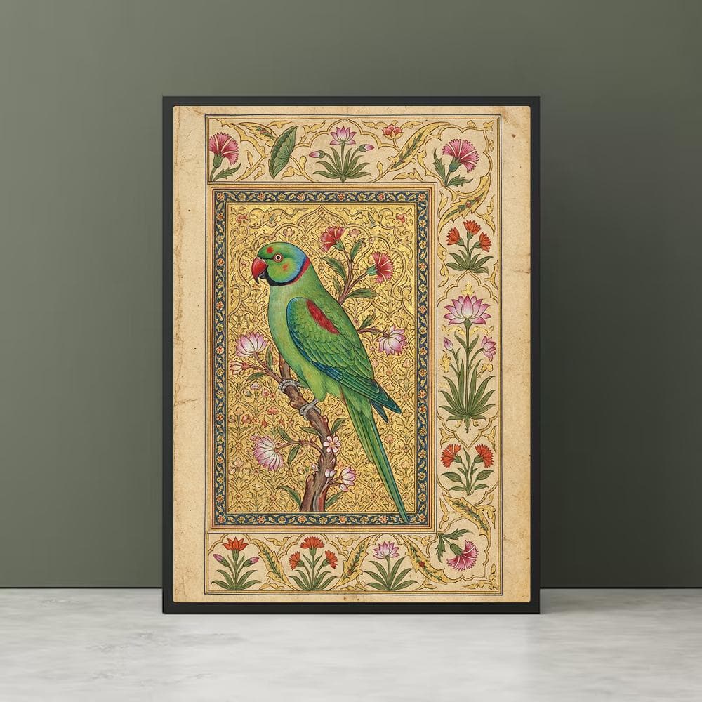 Mughal Style Parrot Wall Art | Indian Bird & Floral Print | Vintage South Asian Decor | Macaw Miniature Painting | Gold Digital Download - image 3