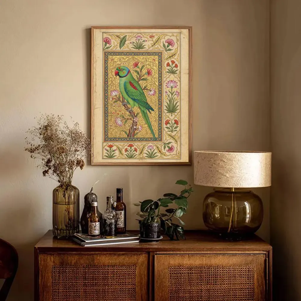 Mughal Style Parrot Wall Art | Indian Bird & Floral Print | Vintage South Asian Decor | Macaw Miniature Painting | Gold Digital Download - image 4