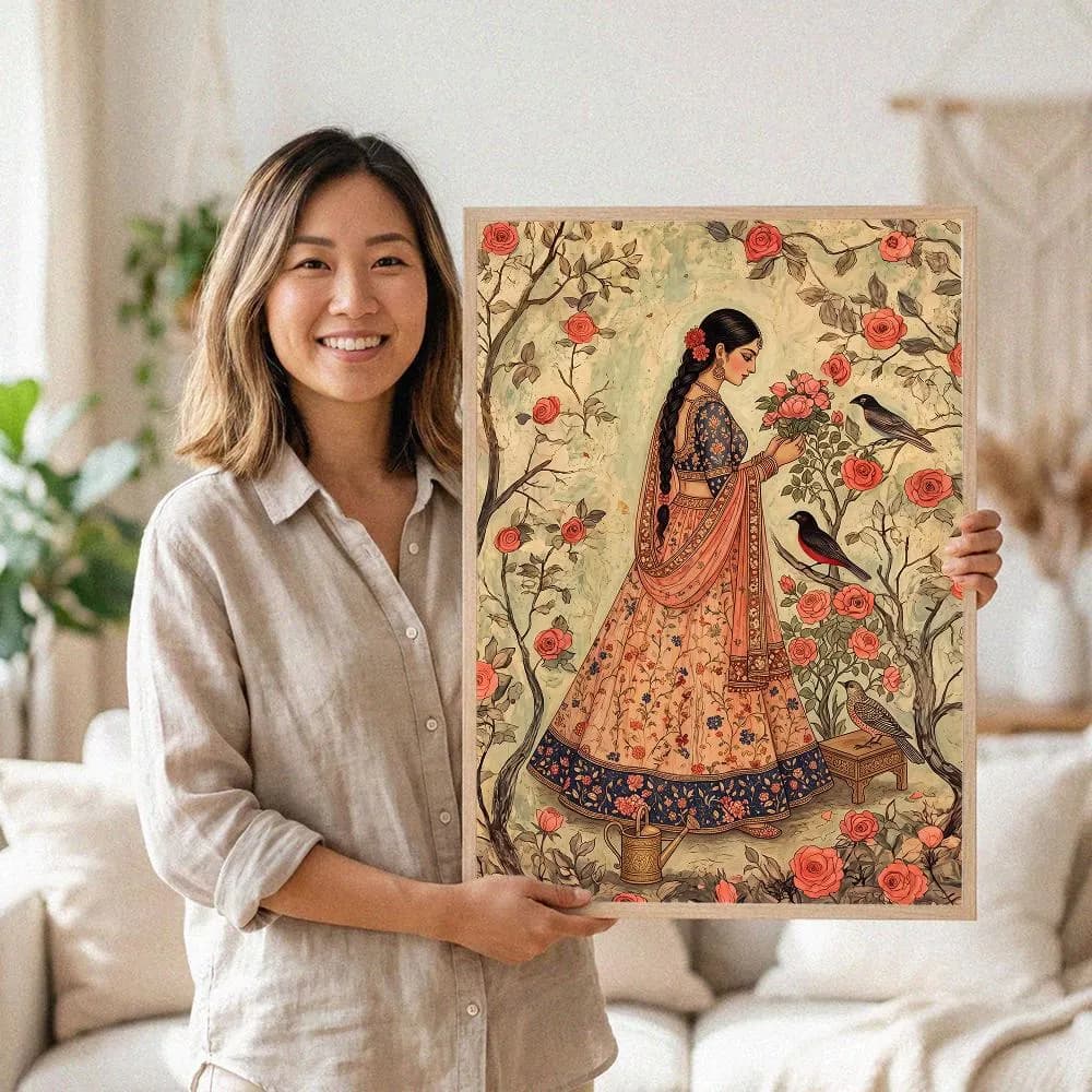 Vintage Indian Woman Floral Miniature Painting Mughal Style Garden Art Print Printable Wall Decor Digital Download - image 4