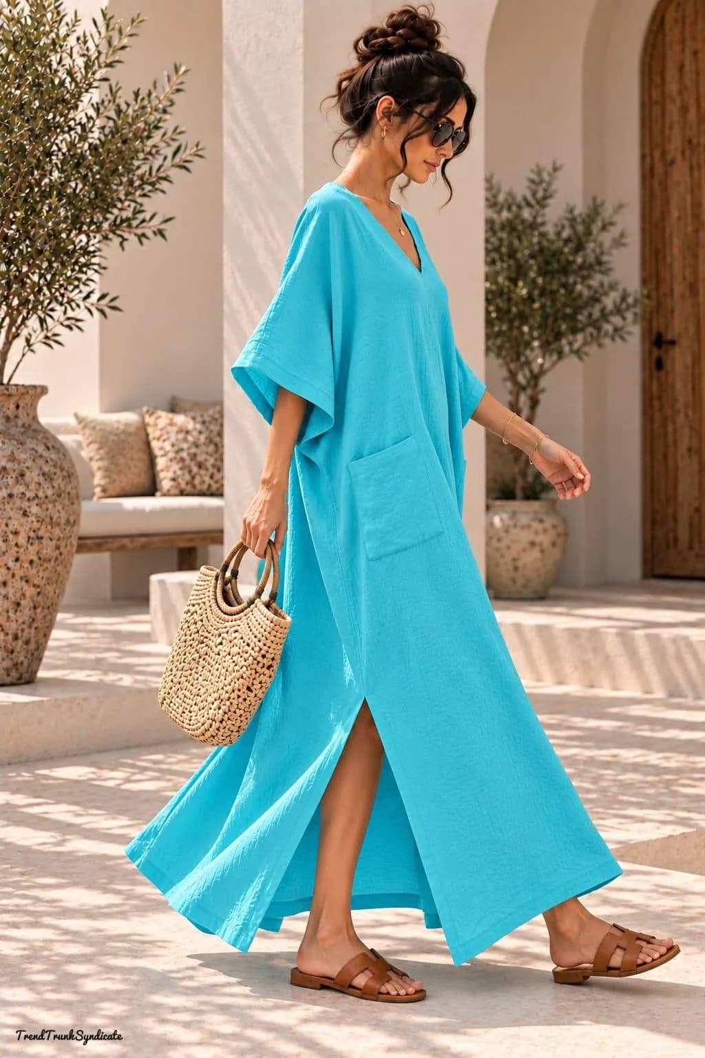 Double Gauze Kaftan - Turquoise Maxi Caftan - Plus Size Caftan - Resort Wear - Regular Loose Fit - image 3