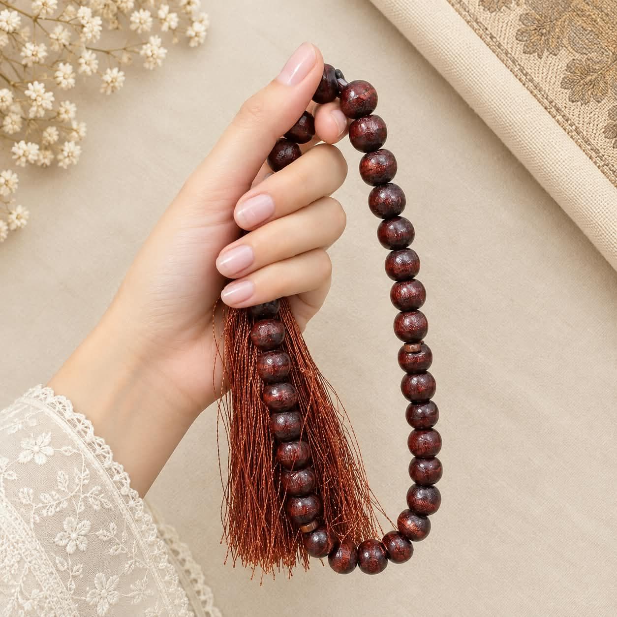 Handmade Wooden Tasbih, 35 Beads with Tassel, Lightweight Islamic Prayer Beads - image 5