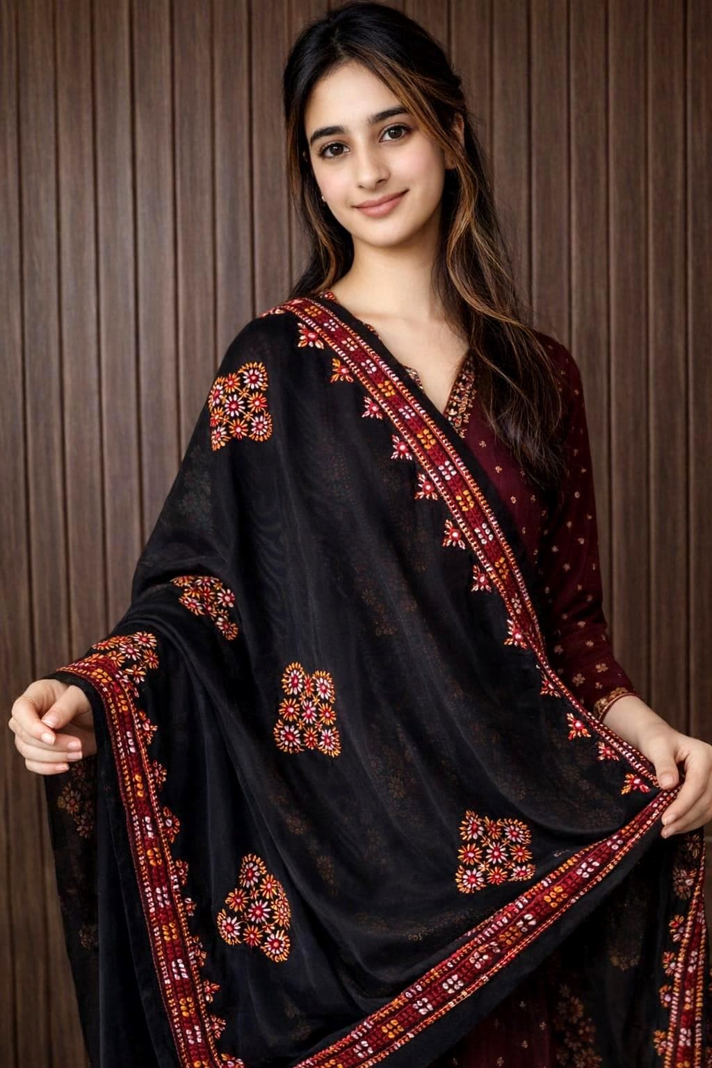 Hand Embroidered Balochi Chadar | Traditional Pakistani Georgette Shawl with Mirror Work - image 3