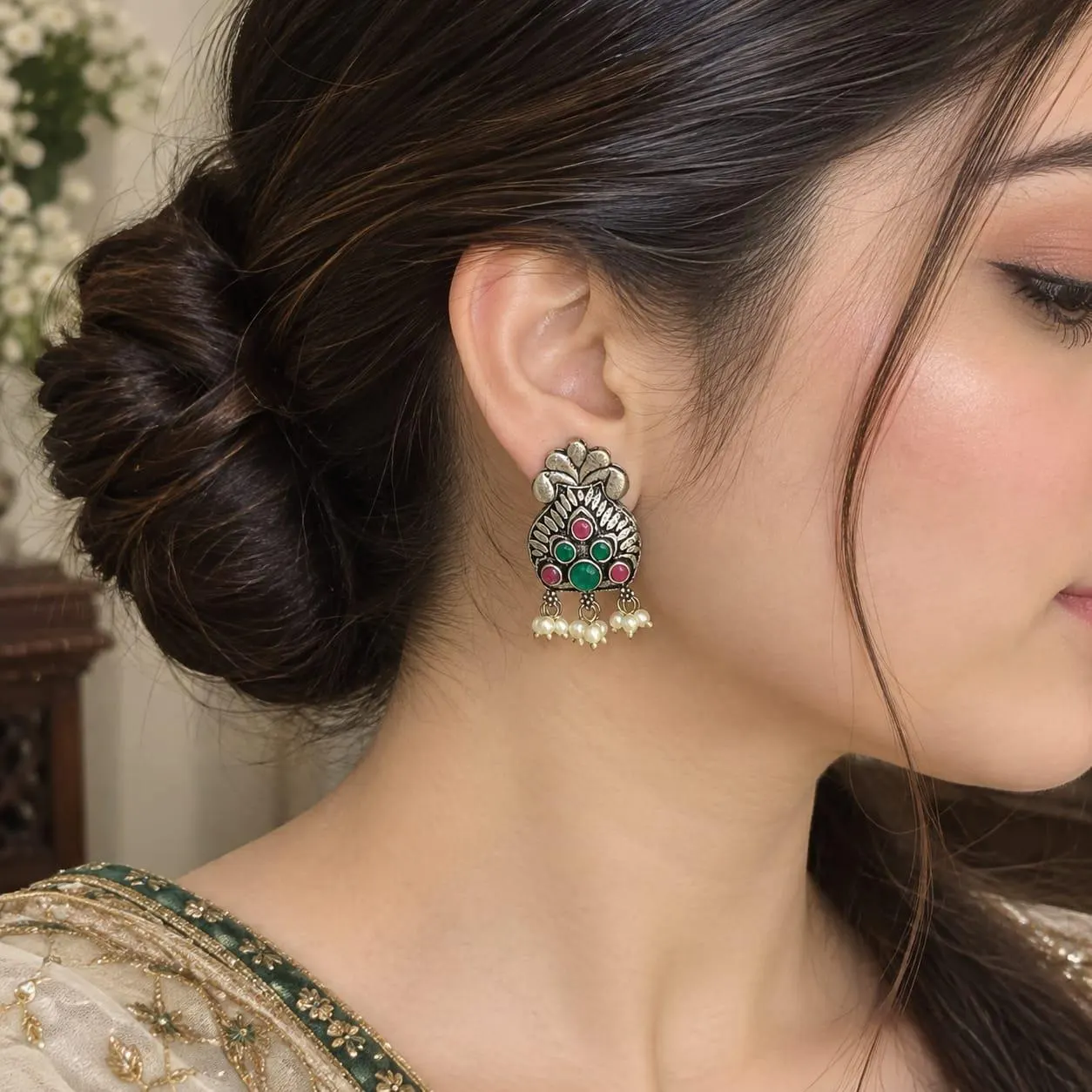 Oxidized Silver Stud Earrings, Indian Temple Style, Pink Green Stone Pearl Drops - image 3