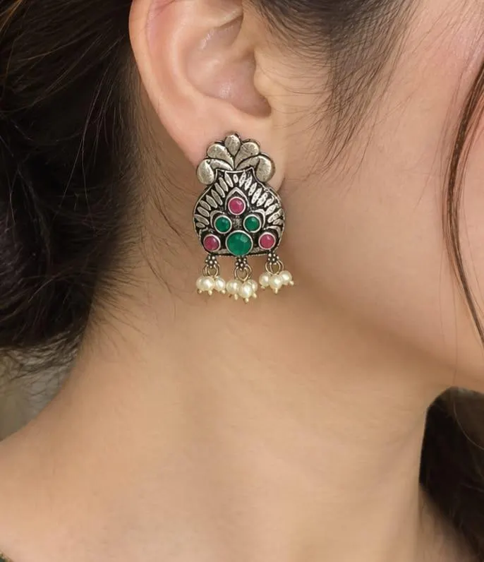Oxidized Silver Stud Earrings, Indian Temple Style, Pink Green Stone Pearl Drops - image 4