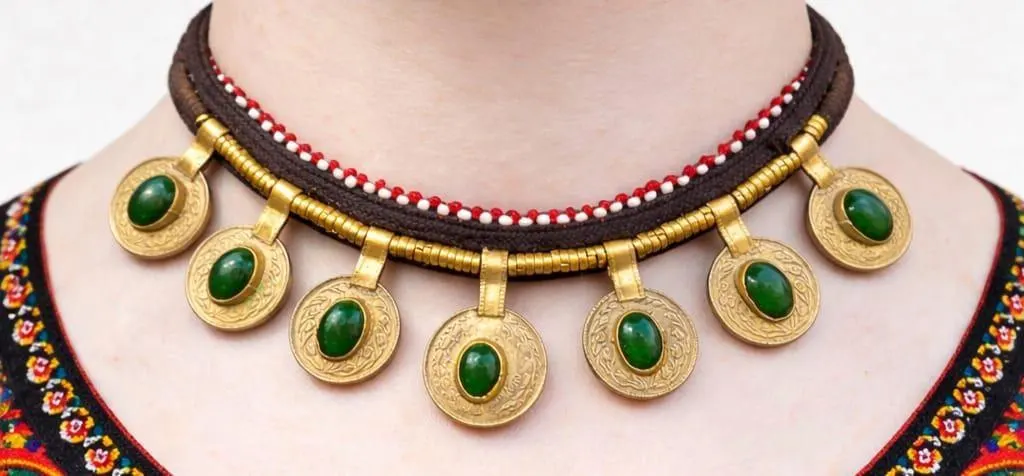 Handmade Afghan Choker, Gold Tone Engraved Coins, Green Stone Tribal Necklace - image 3