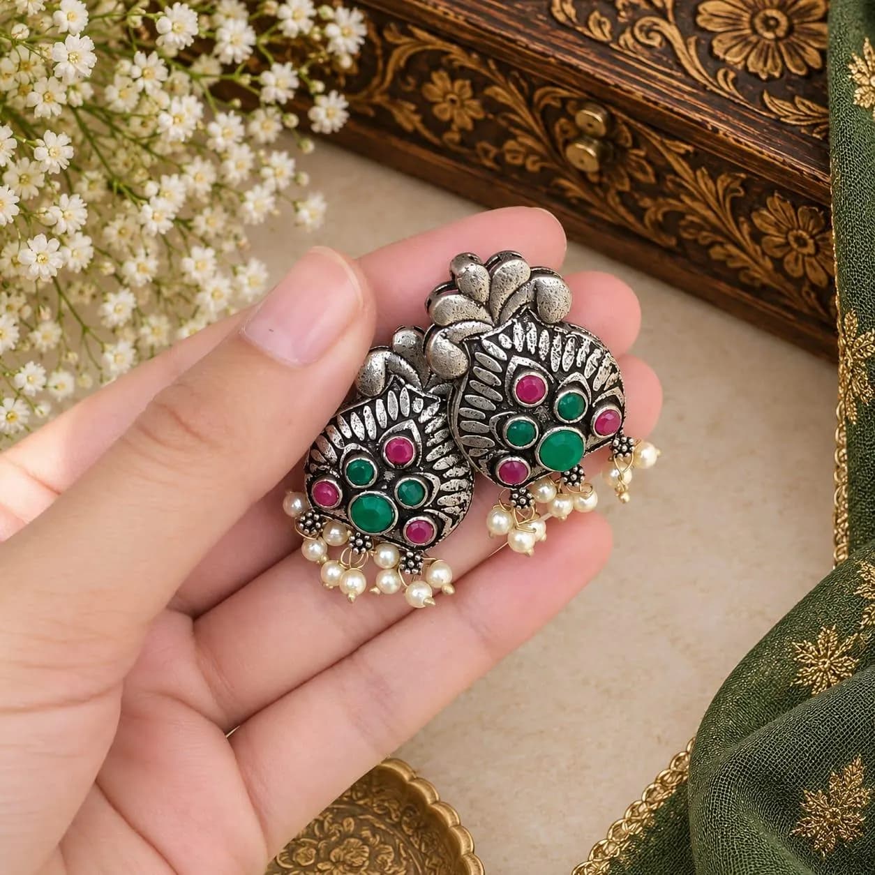 Oxidized Silver Stud Earrings, Indian Temple Style, Pink Green Stone Pearl Drops - image 5