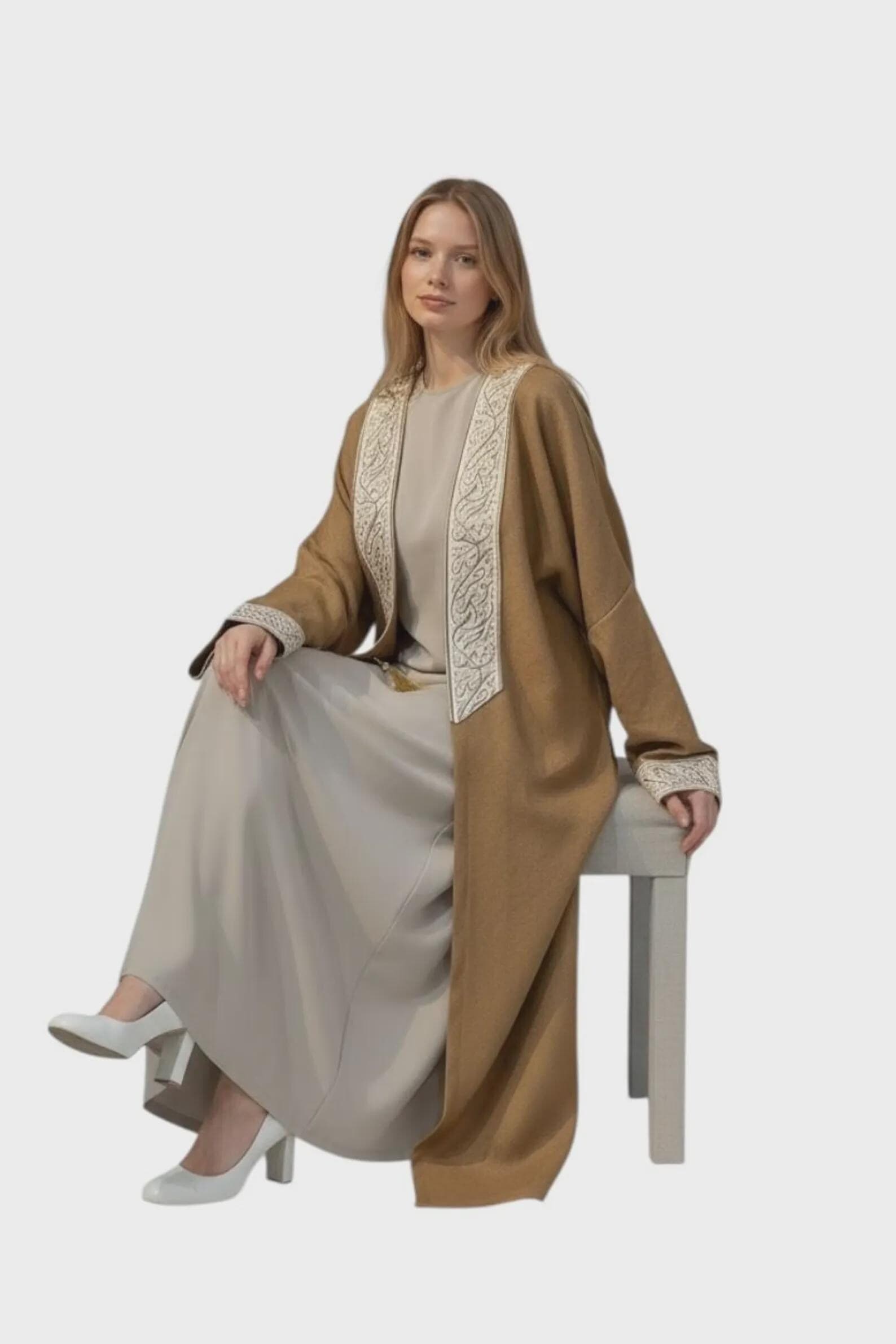 Handmade Tunisian Haik Abaya – Natural Earth Tone with Embroidered Trim - image 3