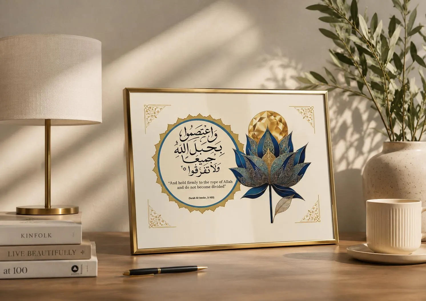 Blue Gold Lotus Islamic Décor, Quran Verse Wall Art, Surah Al Imran Printable, Spiritual decor, Wabi Sabi, Calligraphy, Digital Download - image 5