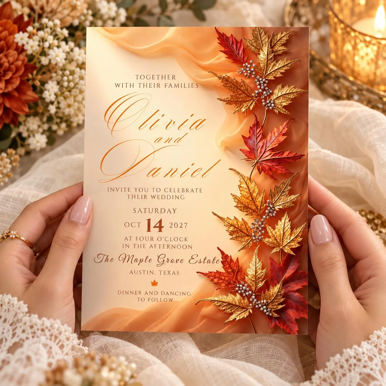 Editable Autumn Maple Leaf Wedding Invitation Template (5x7 Canva) - image 3