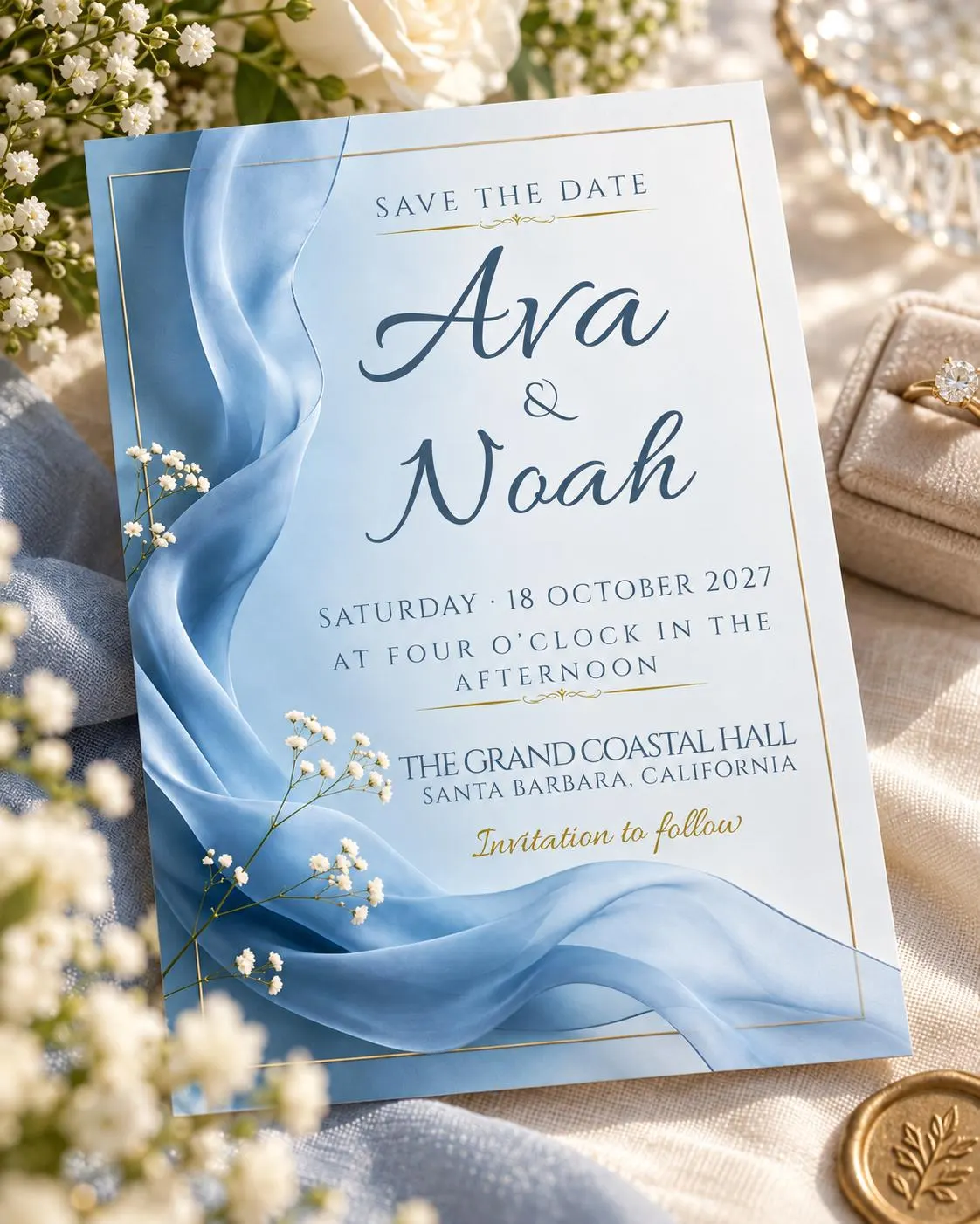 Dusty Blue Save the Date Template, Editable Canva Wedding Invitation, Elegant Blue 5x7 Invite, Instant Download - image 3