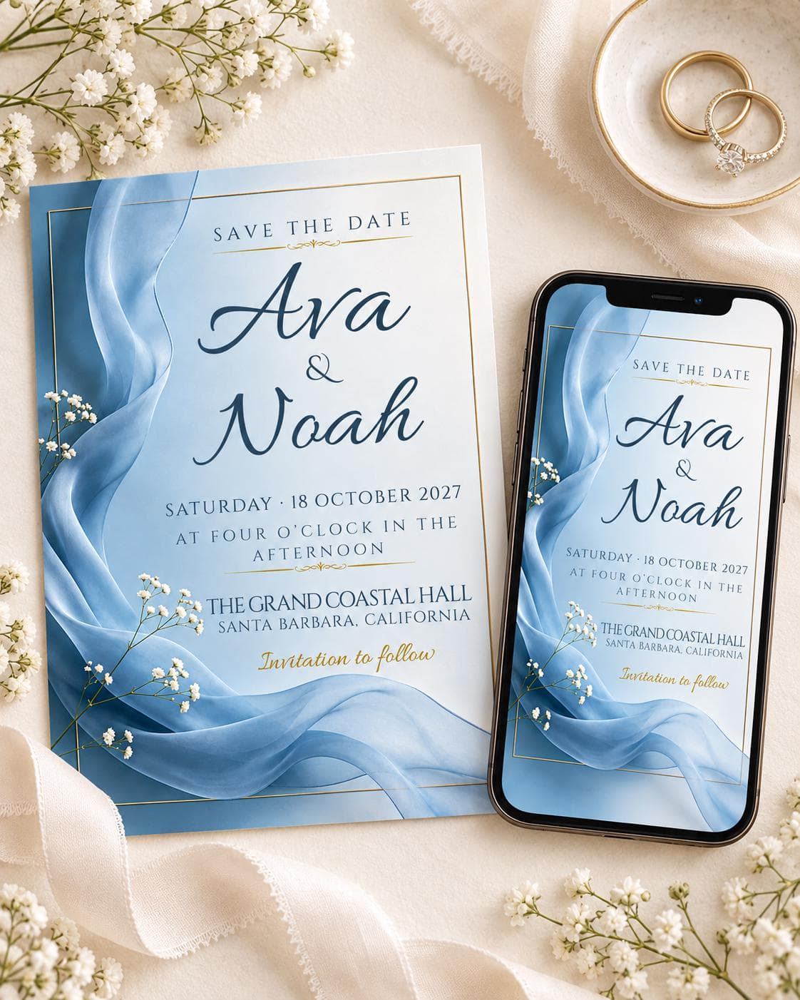 Dusty Blue Save the Date Template, Editable Canva Wedding Invitation, Elegant Blue 5x7 Invite, Instant Download - image 4