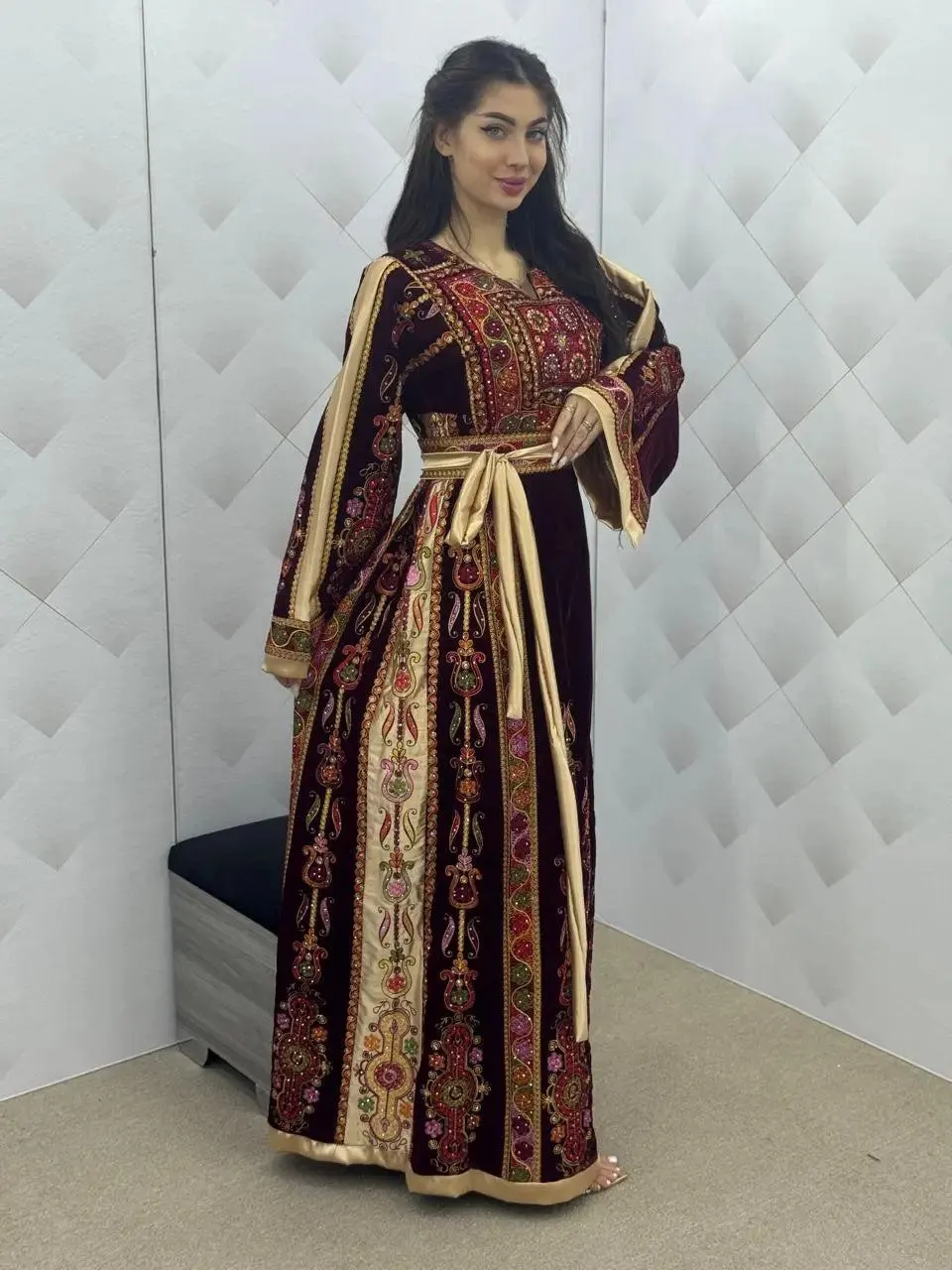 Maroon & Gold Velvet Thobe dress - Embroidered Palestinian Thawb High Quality - JPK Traditions