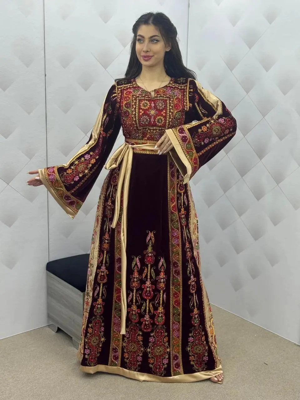 Maroon & Gold Velvet Thobe dress - Embroidered Palestinian Thawb High Quality - JPK Traditions