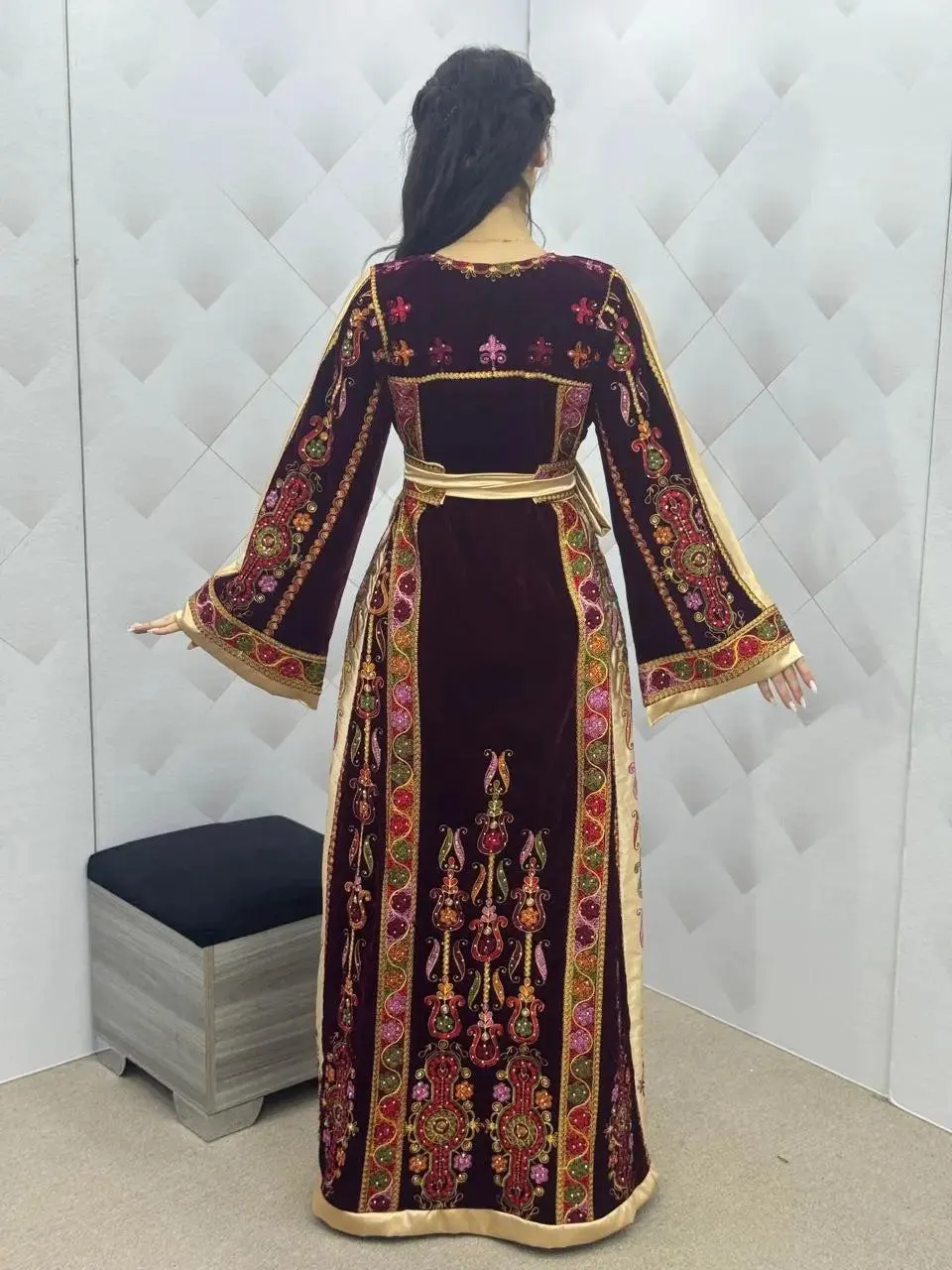 Maroon & Gold Velvet Thobe dress - Embroidered Palestinian Thawb High Quality - JPK Traditions