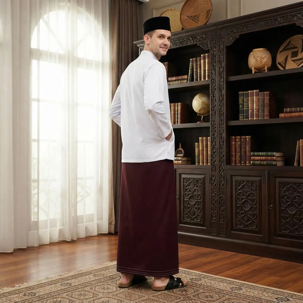 Premium 725 Sarong Maroon with Plain Floral Tumpal Motif - image 3