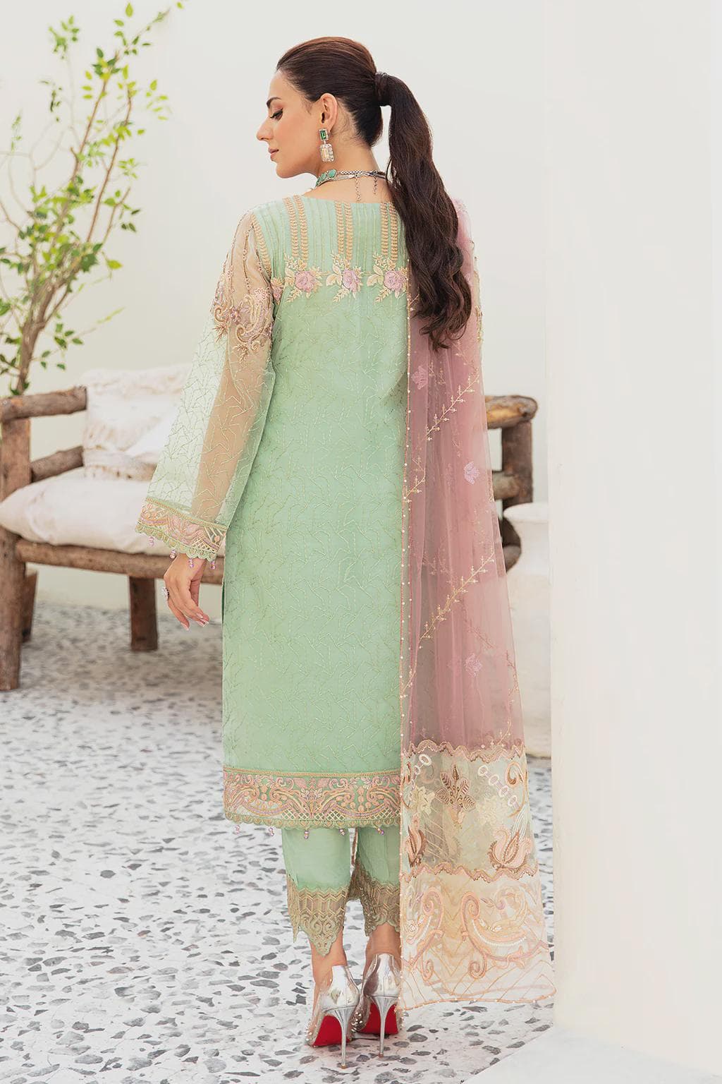 Embroidered Organza Salwar Kameez, Luxury Pakistani Wedding Dress, Raw Silk Trouser - image 5