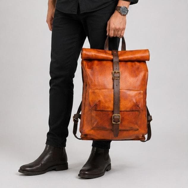 Full Grain Leather Roll Top Backpack – Vintage Distressed Rucksack Laptop Bag - image 5