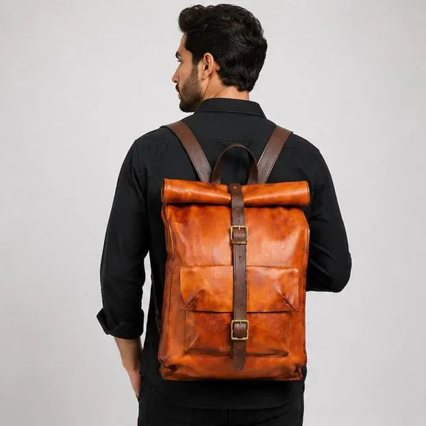 Full Grain Leather Roll Top Backpack – Vintage Distressed Rucksack Laptop Bag - image 3