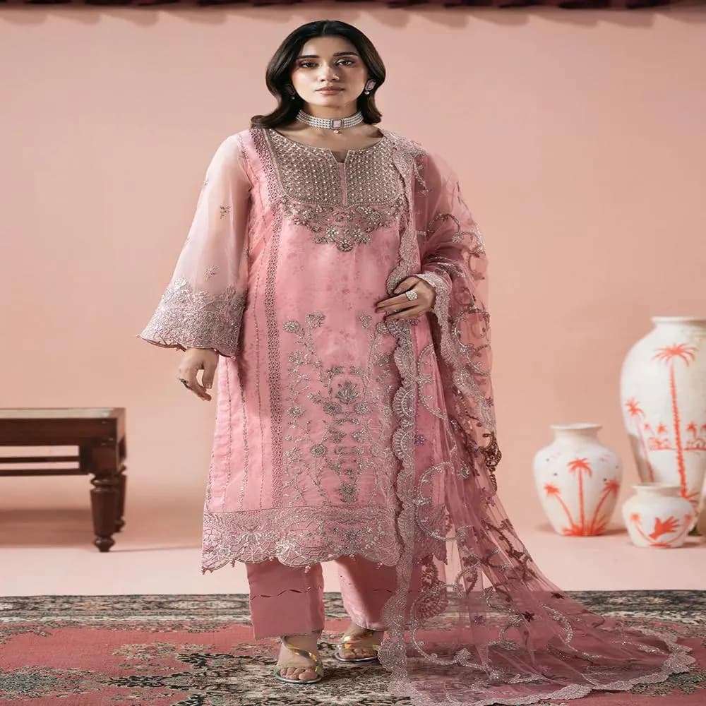 Embroidered Organza Salwar Kameez | 3 Piece Pakistani Formal Suit shadi - image 3
