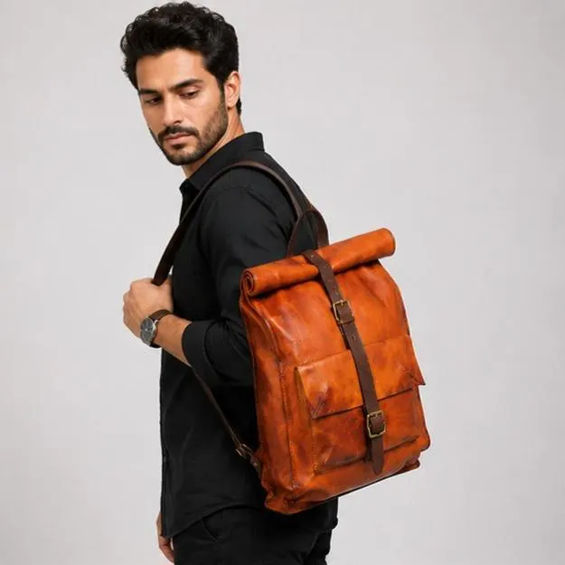 Full Grain Leather Roll Top Backpack – Vintage Distressed Rucksack Laptop Bag - image 4