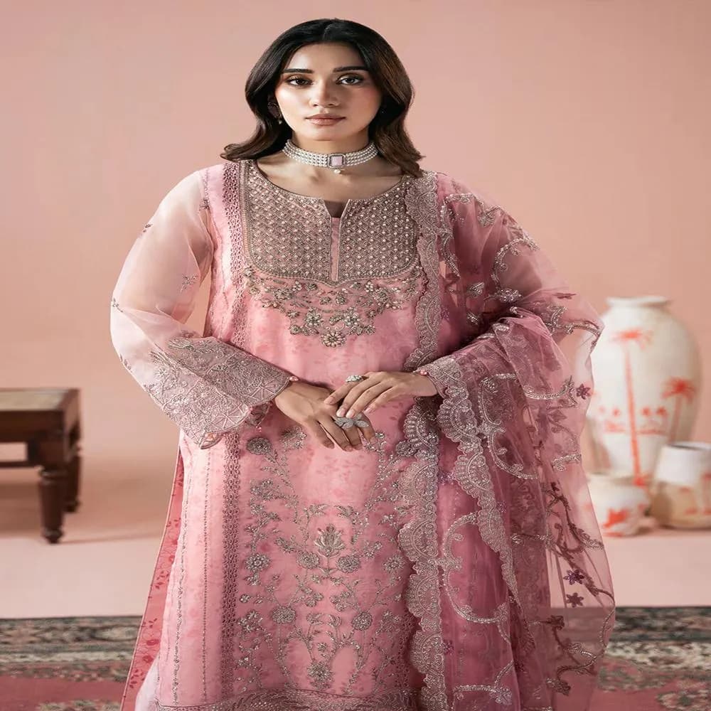 Embroidered Organza Salwar Kameez | 3 Piece Pakistani Formal Suit shadi - image 5