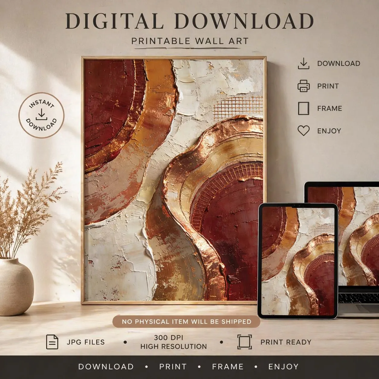 Luxury Beige Copper Textured Wall Art,Neutral Abstract Impasto Painting,Modern Organic Wall Decor,Large Printable Art 24x36 Digital Download - image 3