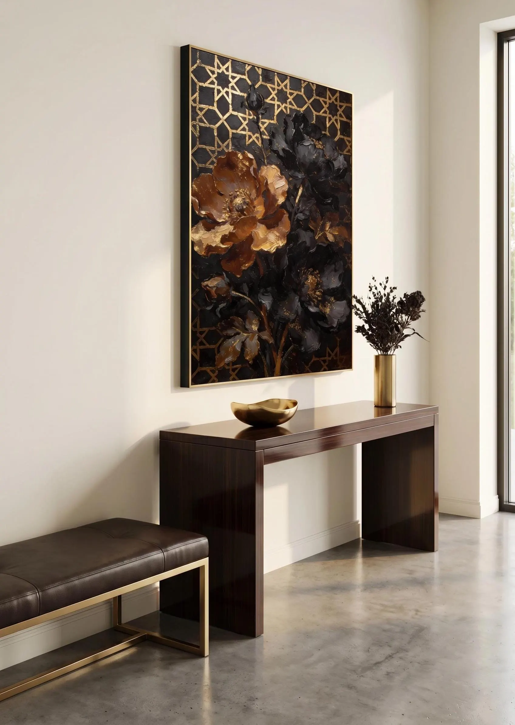 Luxury Black Gold Floral Wall Art Printable,Moroccan Inspired Botanical Digital Download,Elegant Dark Flower Painting,Modern Statement Decor - image 5