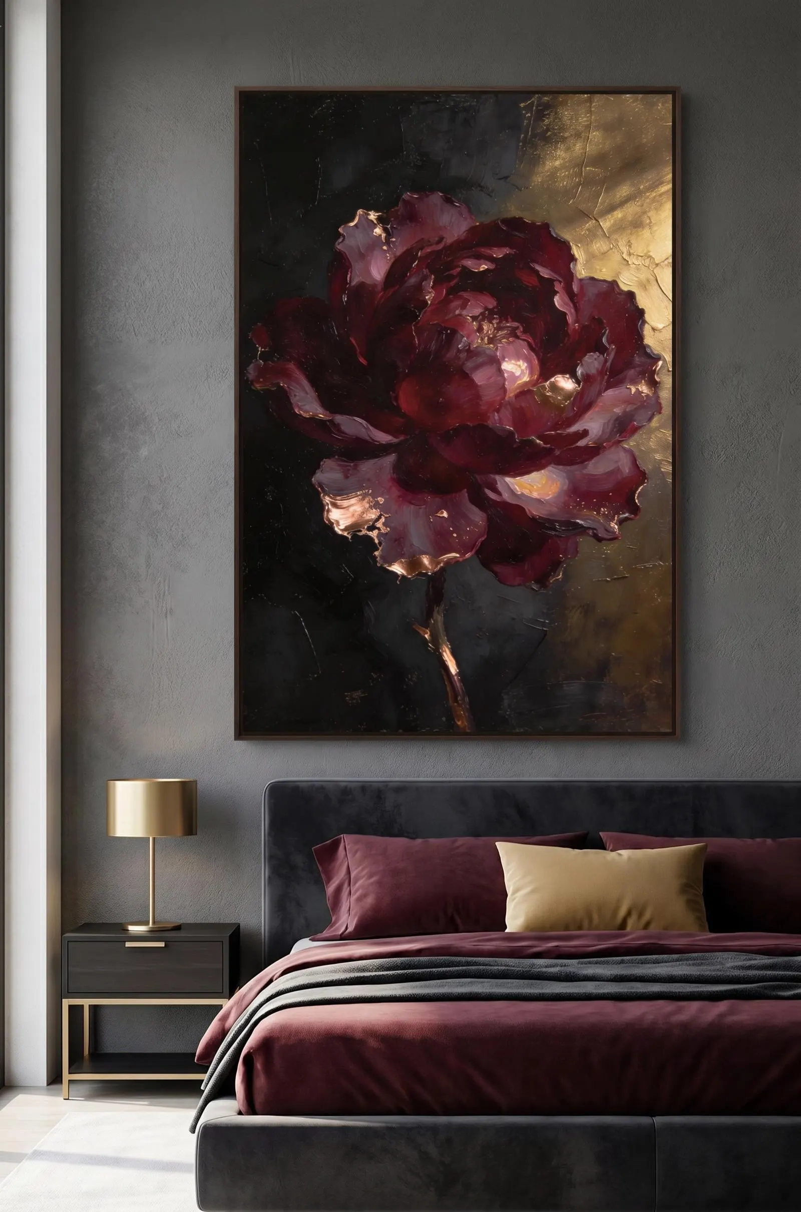 Dark Burgundy Peony Digital Download, Luxury Floral Wall Art Printable,Black Gold Oil Painting,Moody Flower Instant Download,Large Wall Art - image 5