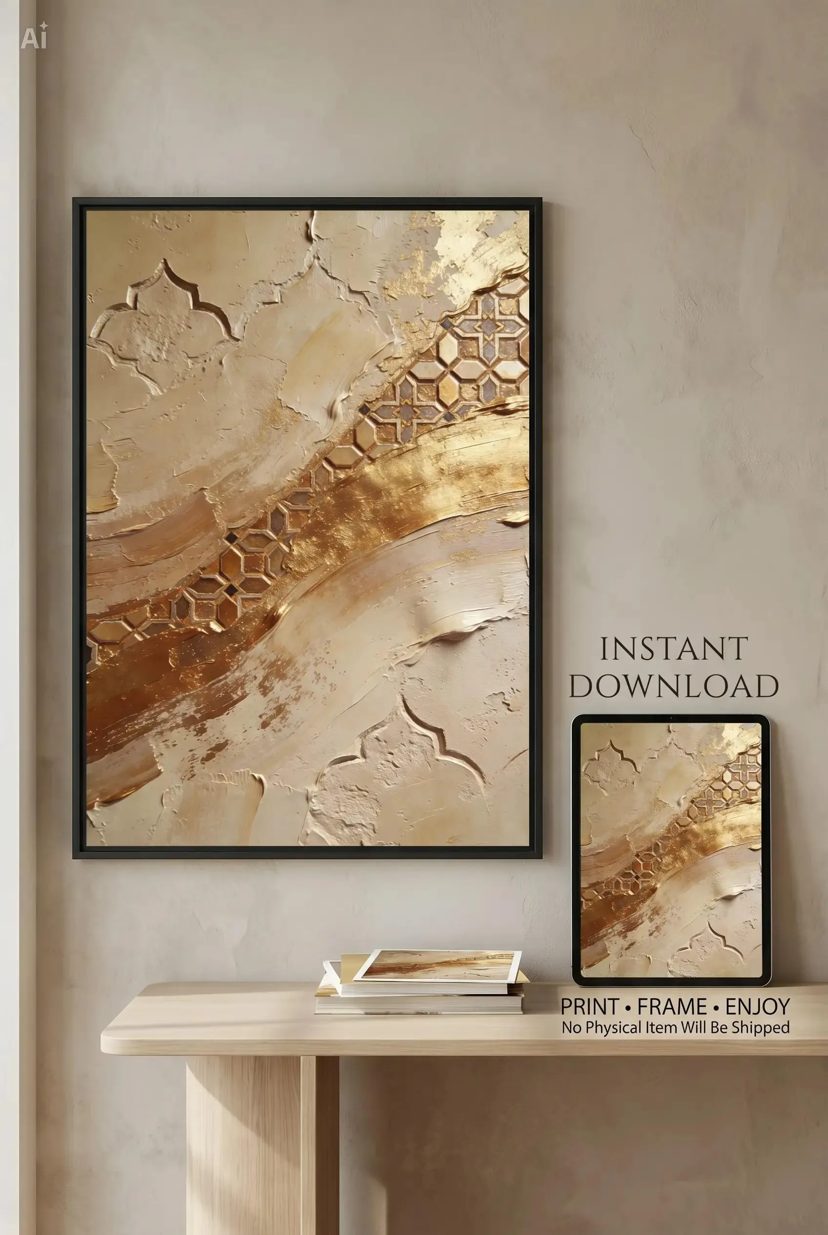 Moroccan Beige Gold Wall Art, Textured Zellige Abstract, Neutral Luxury Decor, Large Printable 24x36 Impasto Digital Download - image 3