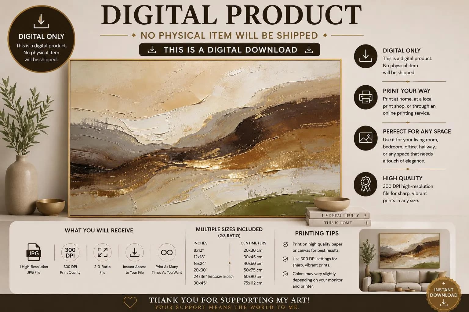 Luxury Neutral Abstract Wall Art, Beige Gold Landscape Painting, Elegant Earth Tone Printable Decor, Modern Impasto Artwork Download - image 3
