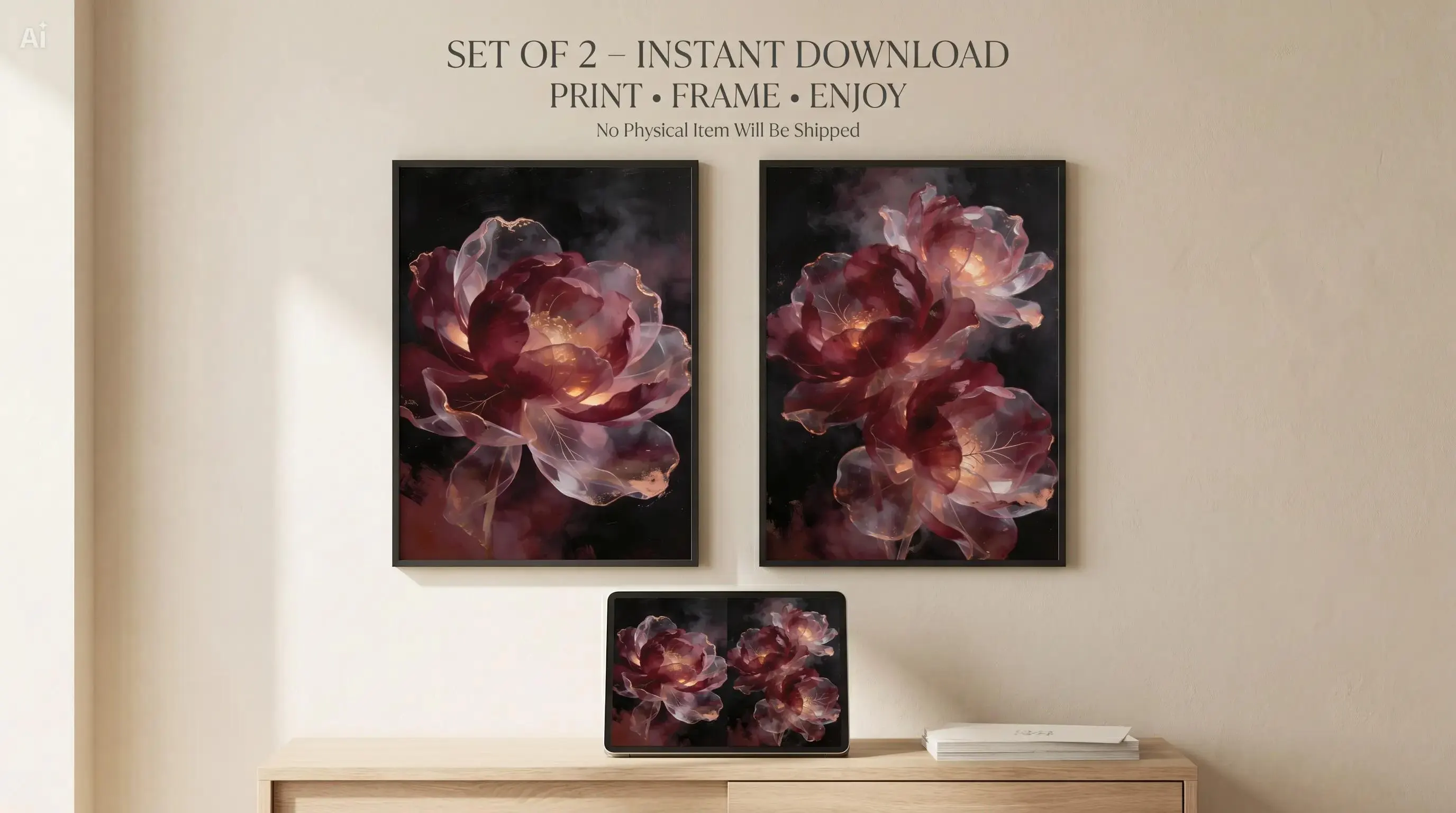 Luxury Dark Floral Wall Art Set of 2, Ethereal Transparent Flowers, Moody Botanical Printable, Large Wall Art 24x36, Instant Download - image 3