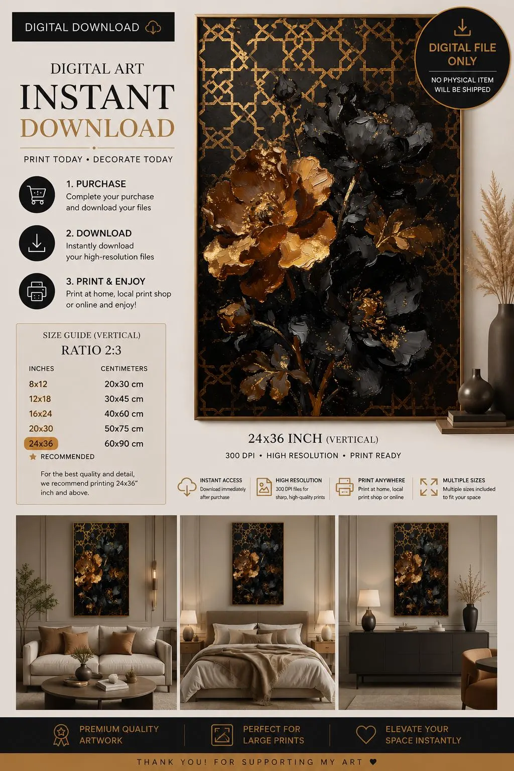 Luxury Black Gold Floral Wall Art Printable,Moroccan Inspired Botanical Digital Download,Elegant Dark Flower Painting,Modern Statement Decor - image 3