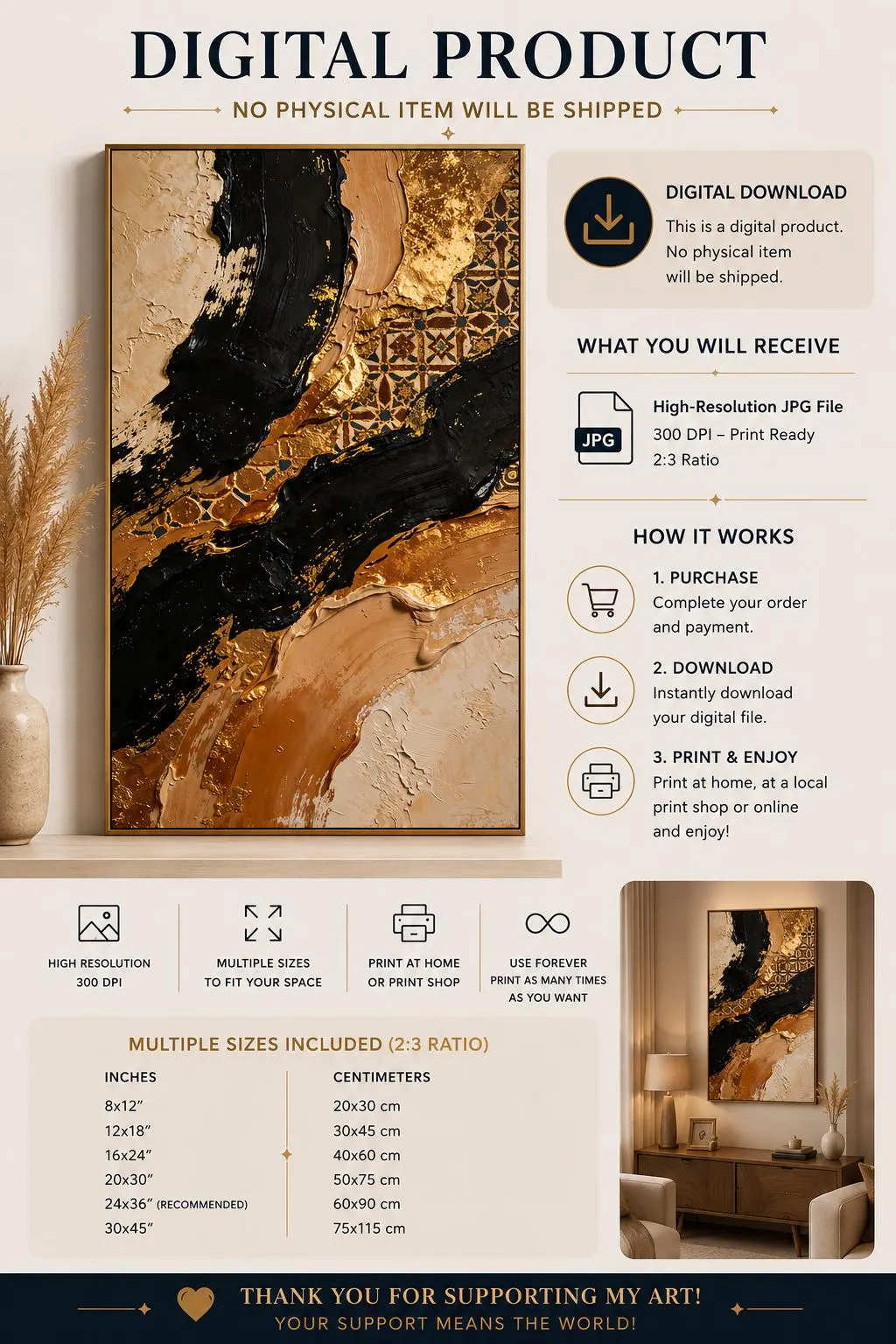 Moroccan Luxury Abstract Wall Art Print, Black Gold Beige Texture Painting, Neutral Boho Canvas Art, Modern Digital Download,Impasto Artwork - image 3