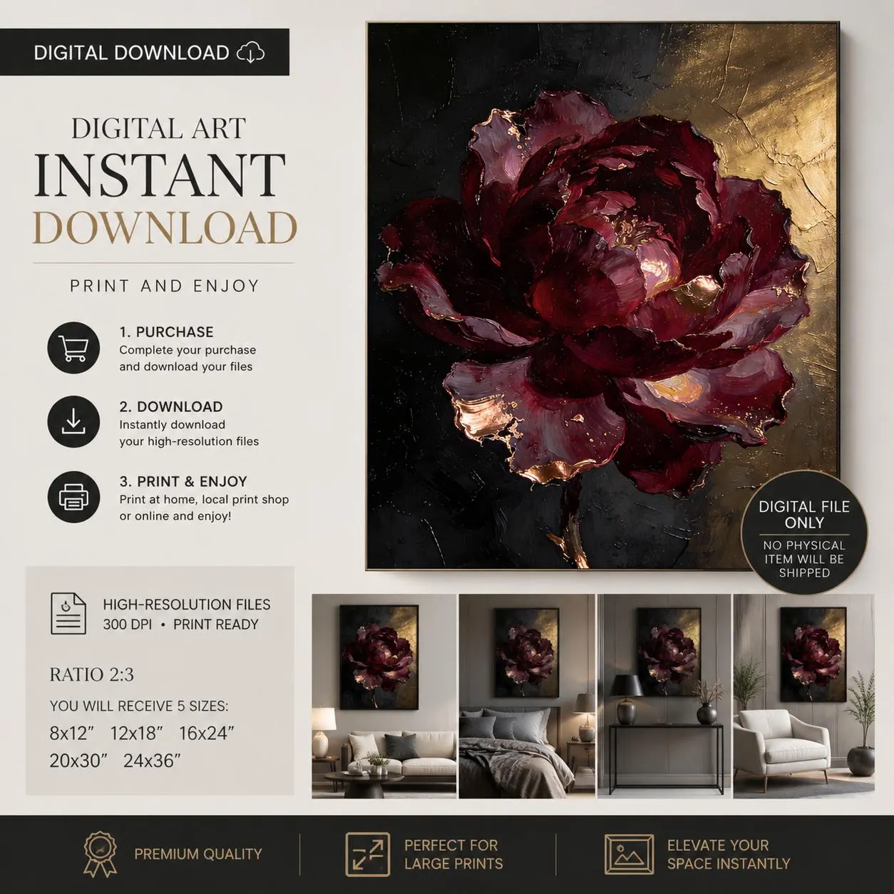 Dark Burgundy Peony Digital Download, Luxury Floral Wall Art Printable,Black Gold Oil Painting,Moody Flower Instant Download,Large Wall Art - image 3